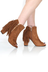 Donna Camel Suede Tassel Peep Toe Boots
