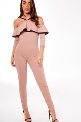 Nude Cold Shoulder Frill Detail Jumpsuit - Donna