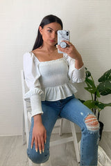White Shirred Panel Puff Shoulder Crop Top - Dorie