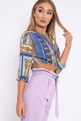 Royal Blue Scarf Print Plunge Crop Top - Dorie