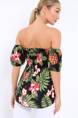 Black Floral Bardot Top with Shirred Bust - Dorris