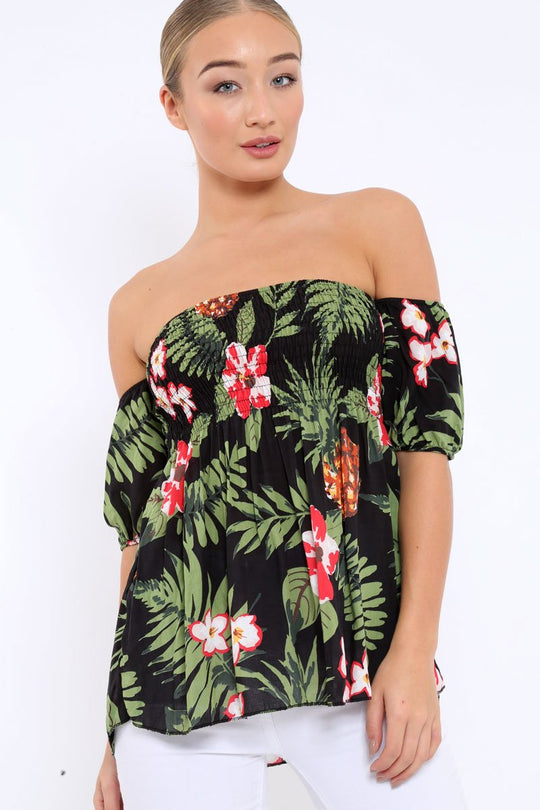 Black Floral Bardot Top with Shirred Bust - Dorris