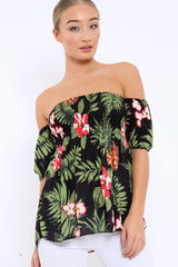 Black Floral Bardot Top with Shirred Bust - Dorris