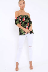 Black Floral Bardot Top with Shirred Bust - Dorris