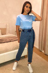 Light Wash Eyelet Belted Paper Bag Mom Jeans - Myli