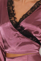 Mauve Satin Lace Trim Wrap Around Tie Crop Top - Dream
