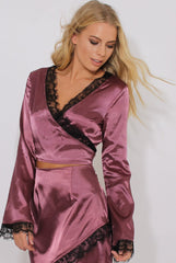 Mauve Satin Lace Trim Wrap Around Tie Crop Top - Dream