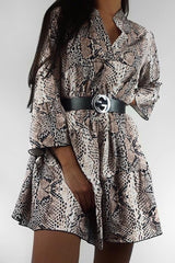 Nude Snake Print Plunge Flute Sleeve Shift Dress - Olesya