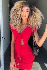 Red Tie Button Front Bodycon Dress - Aaira