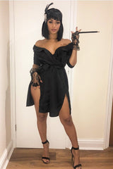 Black Satin Plunge Tie Waist Shirt Dress - Coletta