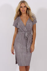 Grey Pleated Tie Waist Midi Dress - Drew