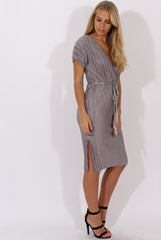 Grey Pleated Tie Waist Midi Dress - Drew