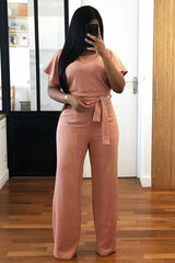 Pink Wide Leg Ribbed Crop Top Loungewear Co-ord - Cesilia