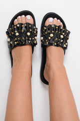 Black Embellished Frill Sliders - Kristan