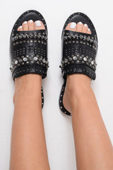 Black Studded Pu Sliders -Embyr