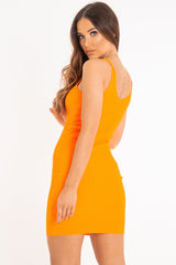 Neon Orange Rib Knit V Neck Mini Dress - Amylia