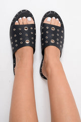 Black Silver Eyelet Sandals - Anjani