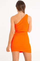 Neon Orange Rib Knit One Shoulder Mini Dress - Elisabeth