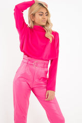 Fuchsia Satin Shoulder Pad Shirred Waist Blouse - Farida