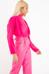 Fuchsia Satin Shoulder Pad Shirred Waist Blouse - Farida