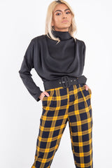 Black Satin Shoulder Pad Shirred Waist Blouse - Farida