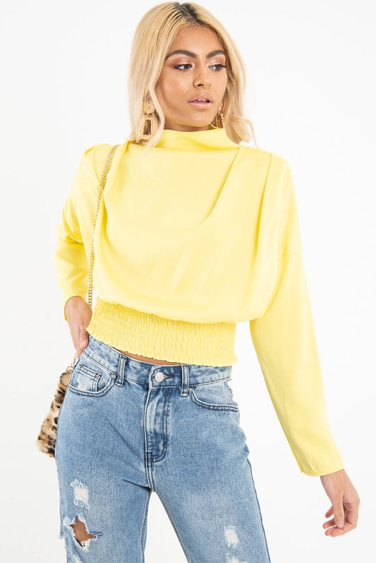 Yellow Satin Shoulder Pad Shirred Waist Blouse - Farida