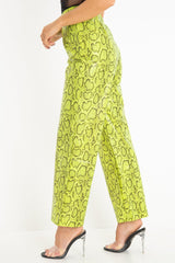 Neon Yellow Coated Snake Print Trousers - Missy