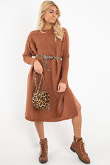Rust Cable Knit Side Split Jumper Dress - Maniya