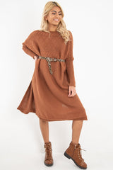Rust Cable Knit Side Split Jumper Dress - Maniya