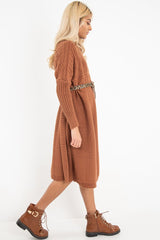 Rust Cable Knit Side Split Jumper Dress - Maniya