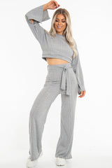 Grey Rib Crop Jumper Tie Wide Leg Trousers Loungewear Co-Ord - Mirabel
