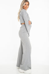 Grey Rib Crop Jumper Tie Wide Leg Trousers Loungewear Co-Ord - Mirabel