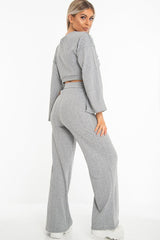 Grey Rib Crop Jumper Tie Wide Leg Trousers Loungewear Co-Ord - Mirabel