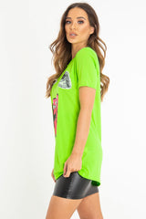Neon Green Eyes Lips Print T-Shirt - Ayva