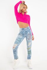 Light Wash Graffiti Print Distressed Boyfriend Jeans - Maryana