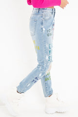Light Wash Graffiti Print Distressed Boyfriend Jeans - Maryana