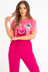 Neon Pink Eyes Lips Print T-Shirt - Ayva