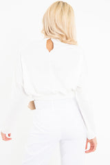 White Satin Shoulder Pad Shirred Waist Blouse - Farida
