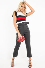 White Black Red Stripe Ruffle Rib Knit Top - Elyne
