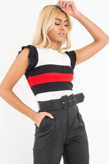 White Black Red Stripe Ruffle Rib Knit Top - Elyne