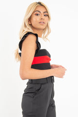 White Black Red Stripe Ruffle Rib Knit Top - Elyne