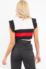 White Black Red Stripe Ruffle Rib Knit Top - Elyne