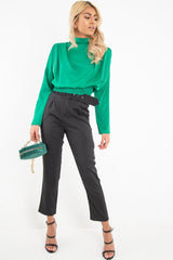 Green Satin Shoulder Pad Shirred Waist Blouse - Farida