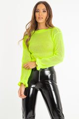 Neon Green Open Knit Ruffle Hem Crop Jumper - Carrie
