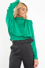 Green Satin Shoulder Pad Shirred Waist Blouse - Farida
