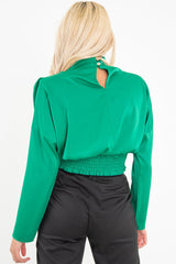 Green Satin Shoulder Pad Shirred Waist Blouse - Farida