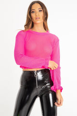 Neon Pink Open Knit Ruffle Hem Crop Jumper - Carrie