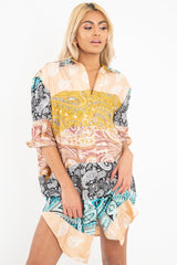 Nude Paisley Satin Midi Shirt Dress - Ilsa