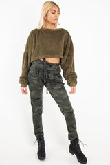 Khaki Fluffy Long Sleeve Crop Jumper - Noura
