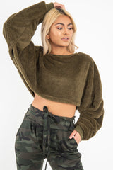Khaki Fluffy Long Sleeve Crop Jumper - Noura